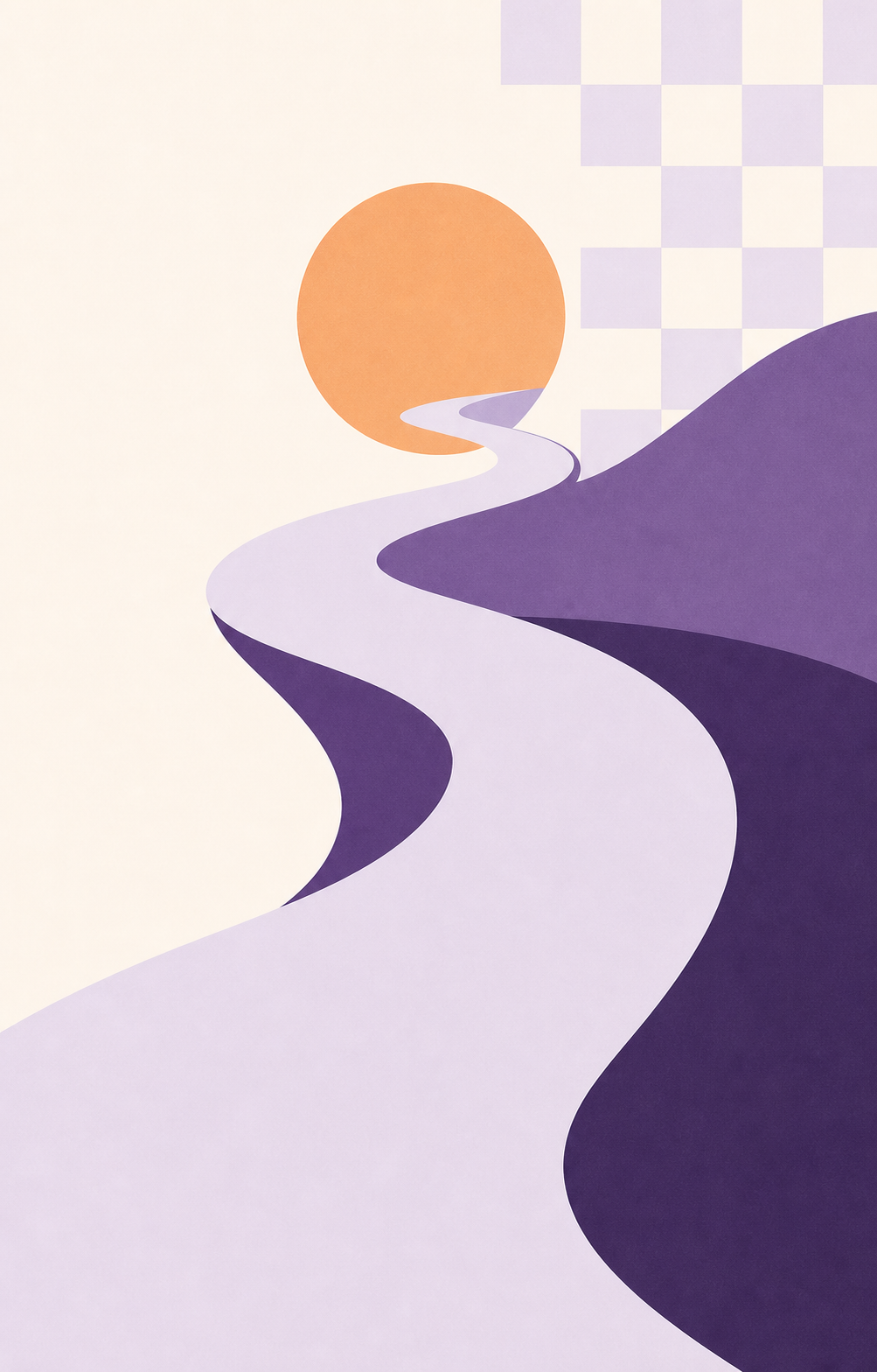 A winding path leading toward a warm sun with soft, faded checkers